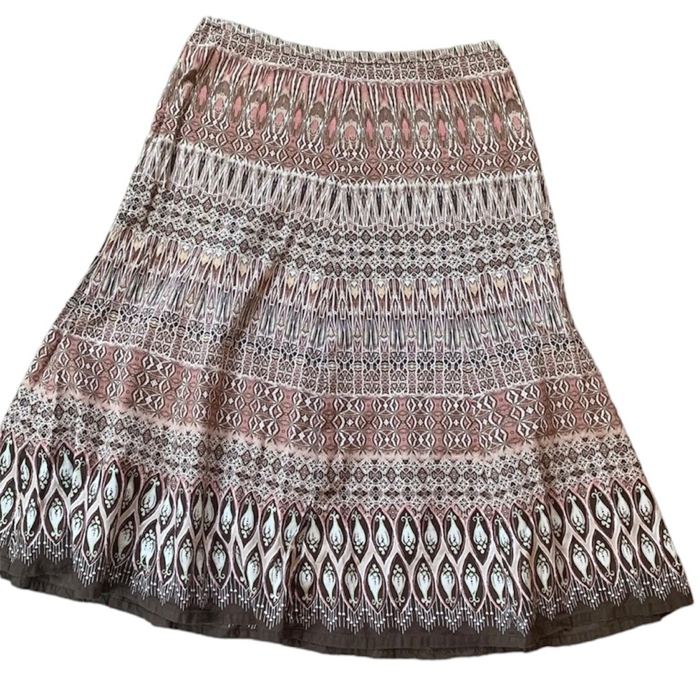 Liz Claiborne Petite Boho A-Line Midi Skirt Brown Pink Ikat Print 2P